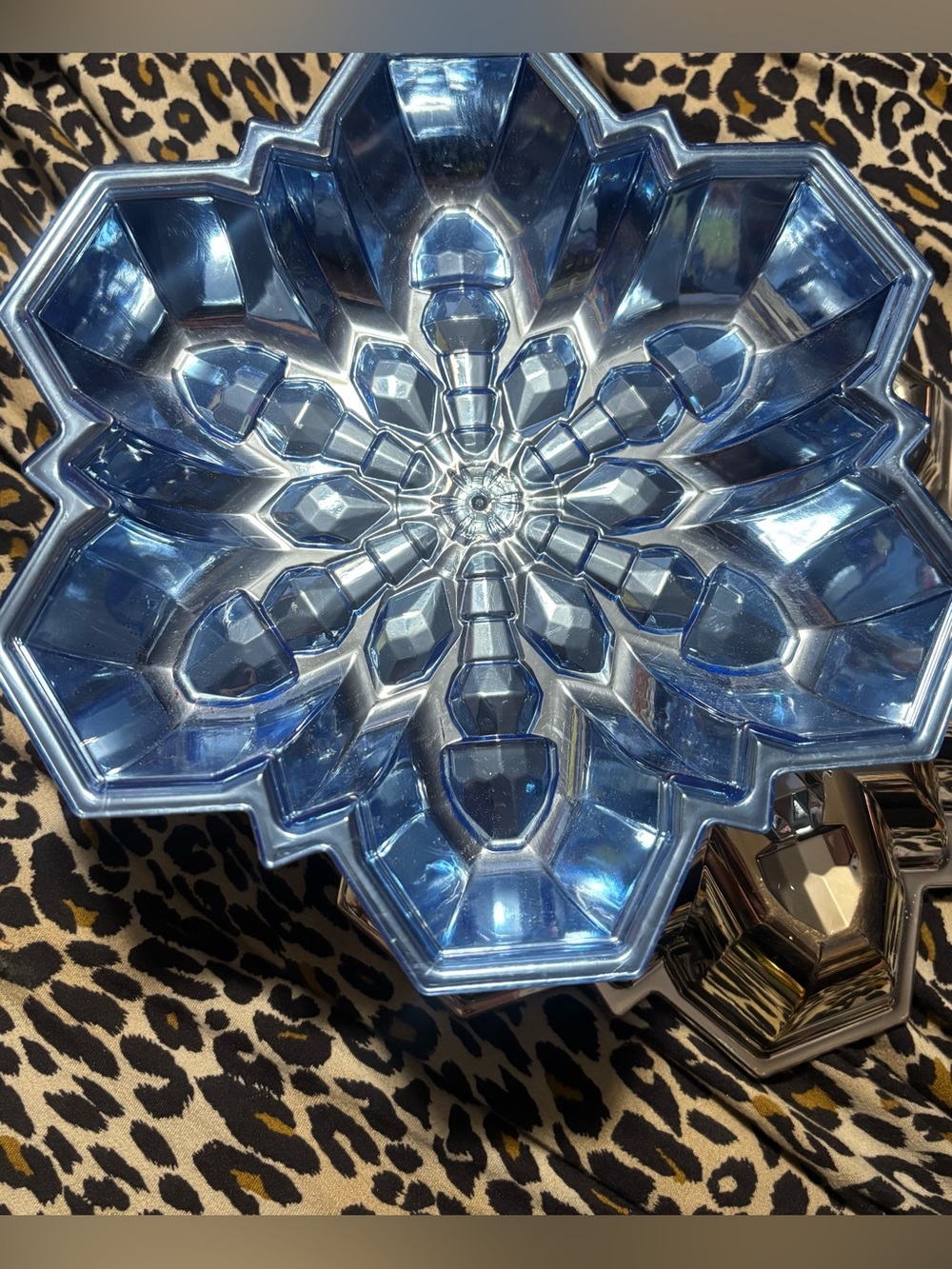 Two Blue Decorative Snowflakes Candy Plastic Bowl / Silver Back - Home Art